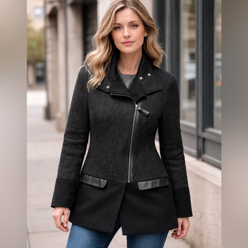 Mackage Luxury Wool and cashmere blend Asymmetrical Zip – Leather Trim – Size M - Picture 1 of 16